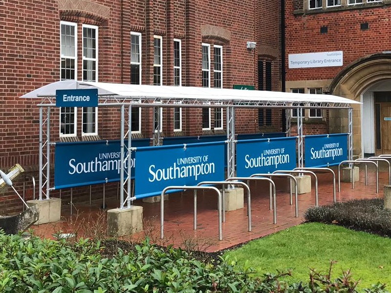 How to Protect Disabled and Elderly Visitors from Weather Exposure at Your Building Entrance 2 Accessible entrance canopy installed at a Southampton commercial premises providing weather shelter for disabled and elderly visitors